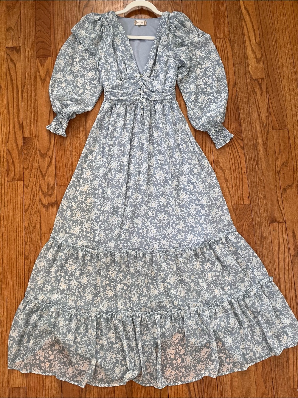 Altar’d State Boho Light Blue Floral Maxi Dress with Puff Sleeves